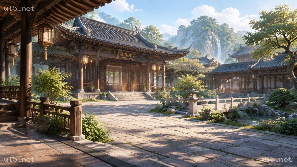 古风庭院楼阁与远山瀑布