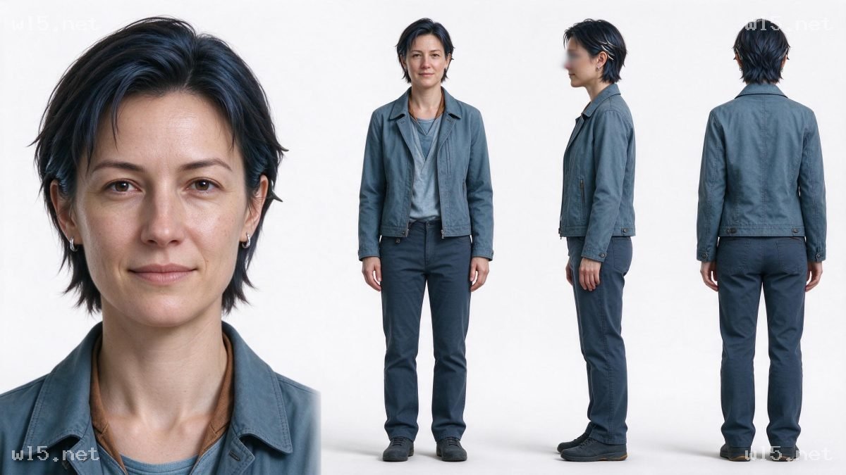 现代女性角色多视角展示图,女性、角色设定、多视角、写实摄影、短发、日常休闲穿搭、棚拍、全身像