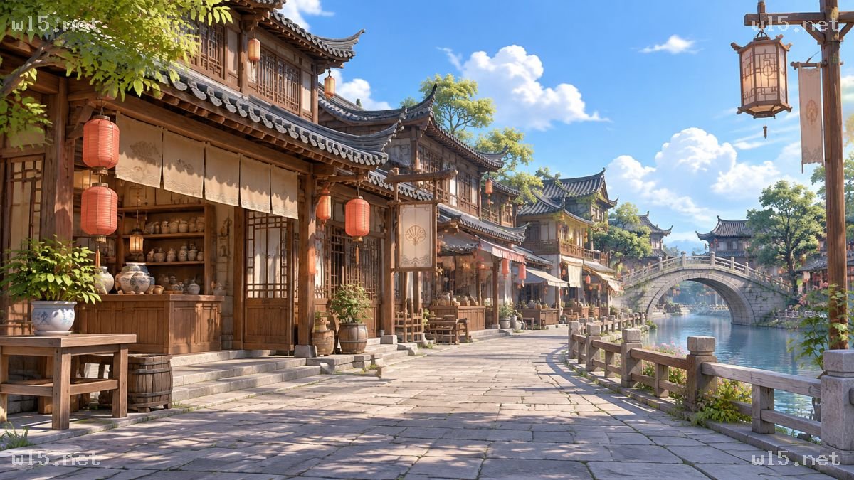 古风临水街市全景