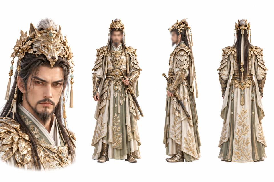 金狼冠叶甲古风男性角色四视图设定板，古风、奇幻、角色设定板、三视图、金色叶甲、狼首冠饰、男性武将、超写实CG、白底立绘、佩剑道具