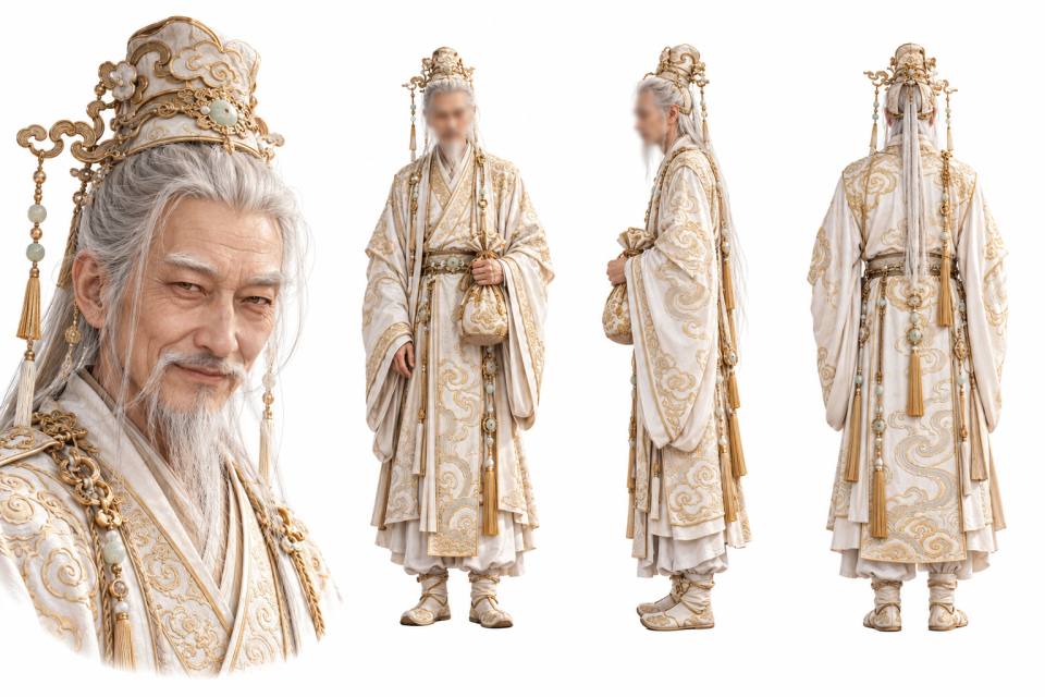 白发仙翁白金刺绣古装三视图角色设定板，古装男性角色、白发白须老者、金色祥云刺绣汉服、玉饰流苏高冠、三视图设定板、仙侠风、白色背景立绘