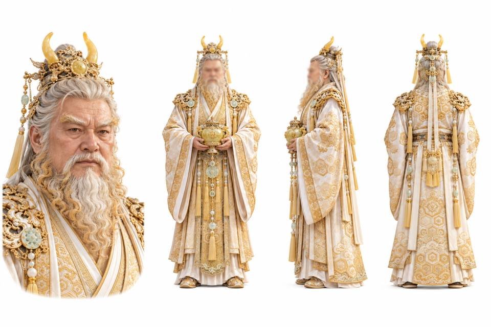 金冠玉角白须帝君人物三视图设定板,人物设定板、三视图、神仙帝君、写实3D渲染、白底影棚、白袍金绣、老年男性、古风奇幻