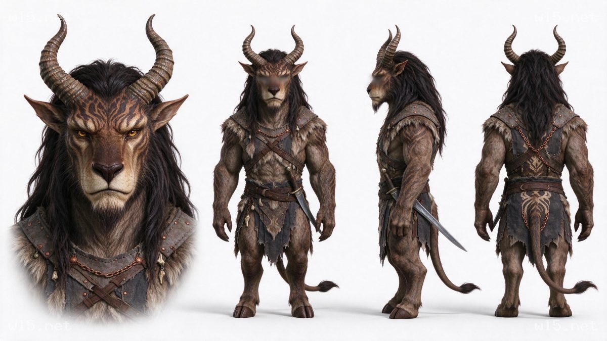 幻想奇幻兽人战士角色设定图,幻想兽人、3D角色设计、羊形兽人、野蛮人战士、纯白背景设定图、类人生物