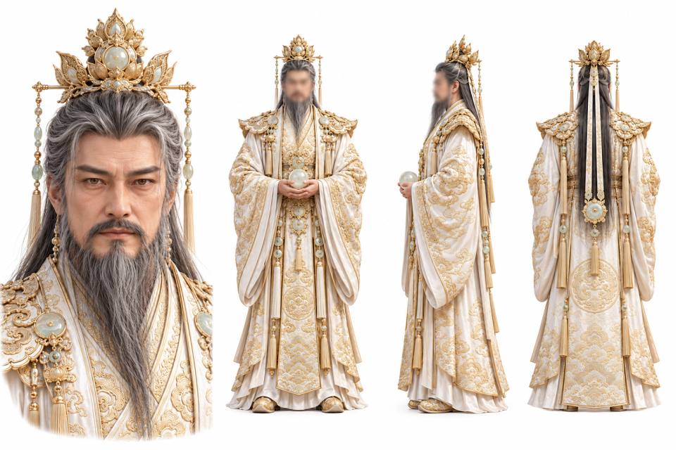 仙帝老年男性角色设定板:白金玉礼服面部特写与正侧背三视图,角色设定板、三视图、仙侠神话、天帝、老年男性、白金刺绣礼服、白玉宝冠、玉珠流苏、超写实CG渲染、纯白背景