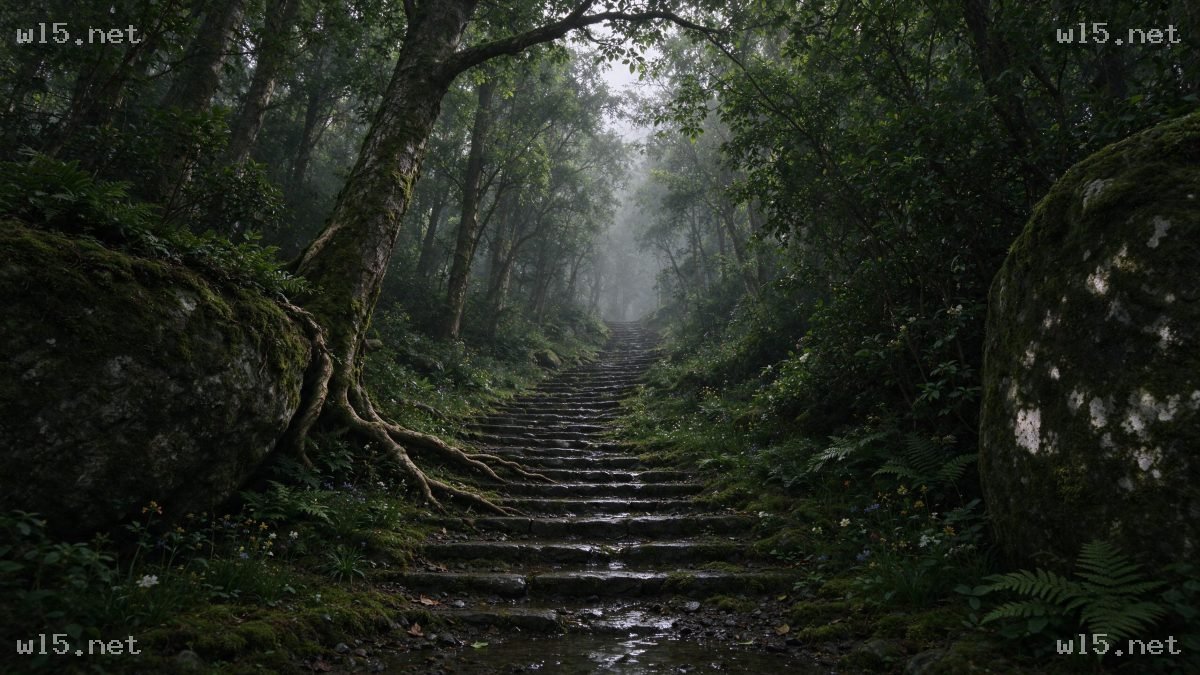 薄雾笼罩的青苔石阶森林小径，森林、青苔石阶、薄雾、自然风光、古树、湿滑路径