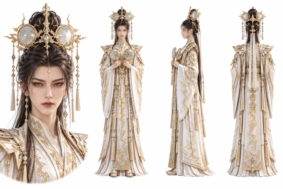 仙侠白金雷电纹华服女性角色三视图设定板,角色设定板、三视图、仙侠古风、白金配色、华丽金色头饰、雷电纹刺绣、游戏立绘