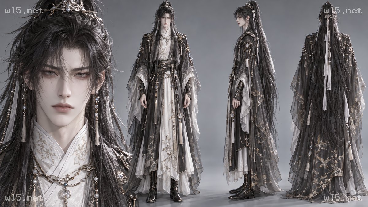 古风仙侠男性角色设定三视图,古风美男、仙侠服饰、多视图角色设定、金线刺绣、流苏配饰、冷白皮、高马尾
