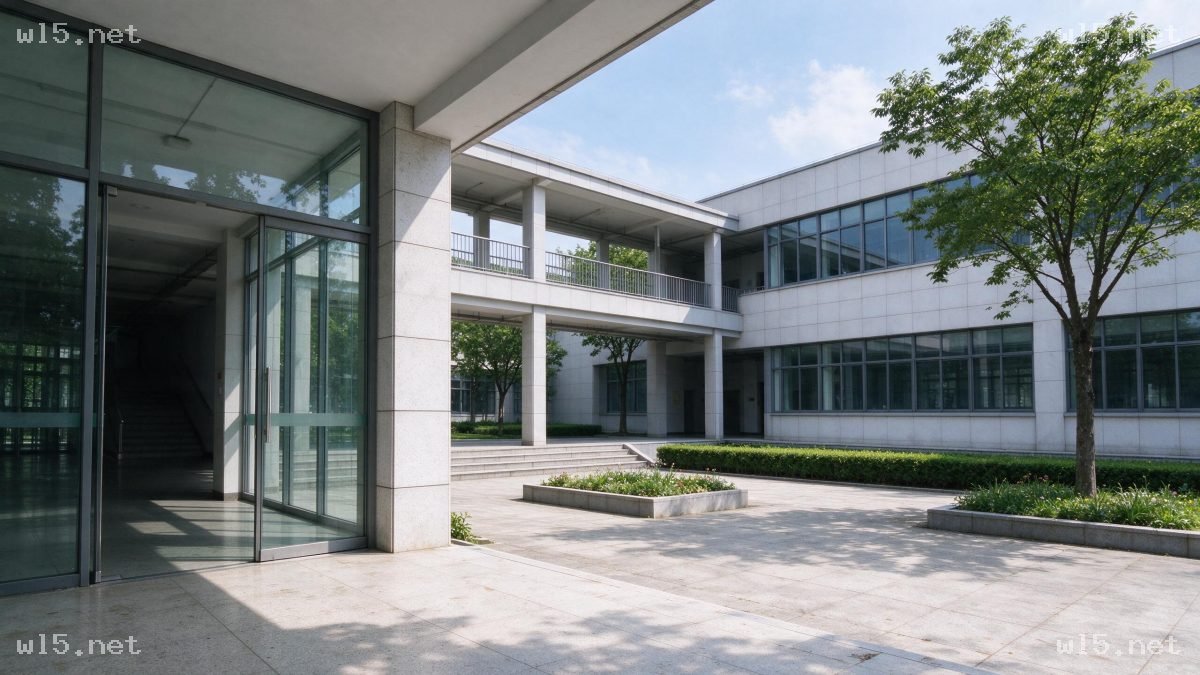 晴朗白日下的现代办公楼户外庭院，现代建筑、办公楼庭院、石材外立面、玻璃入口、晴天户外、简约风格、石材铺装、绿化景观