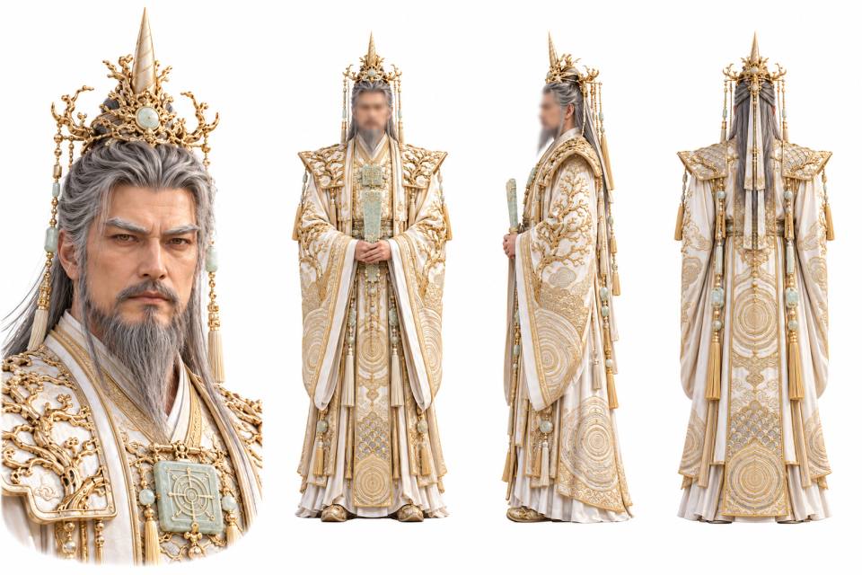 鎏金尖角冠冕白发仙帝角色三视图设定板,角色设定、三视图、古风仙侠、写实CG、白发老者、鎏金冠冕、帝王仙人、玉笏、白底立绘