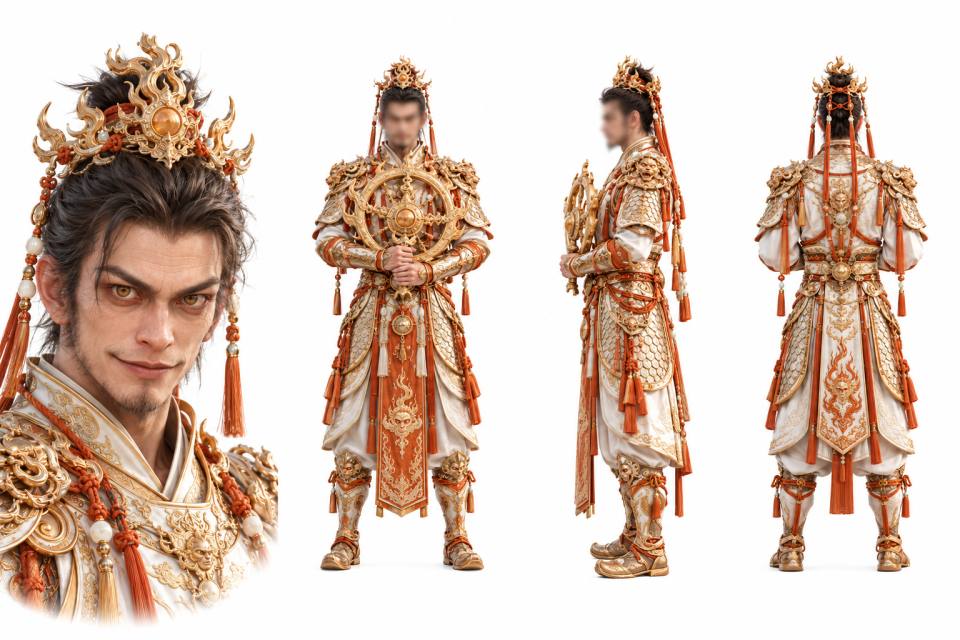 鎏金焰冠东方玄幻武将白袍金甲三视图角色设定板,三视图、角色设定板、东方玄幻、鎏金铠甲、白色锦袍、橙色流苏、火焰纹宝冠、轮形法器、男性神将、白底立绘