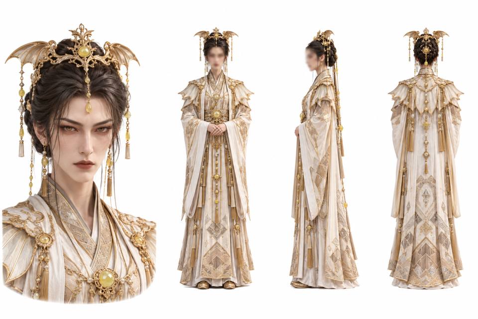 金白古风奇幻女性角色三视图设定,女性角色、古风奇幻、金色头冠、白色长袍、三视图、角色设定板、金色刺绣、面部虚化、纯白背景