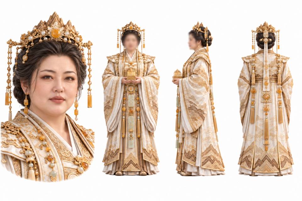金色凤冠礼服中年贵妇角色三视图设定板，古风、角色设定板、三视图、凤冠、中式宫廷礼服、写实CG、中年女性、白色背景
