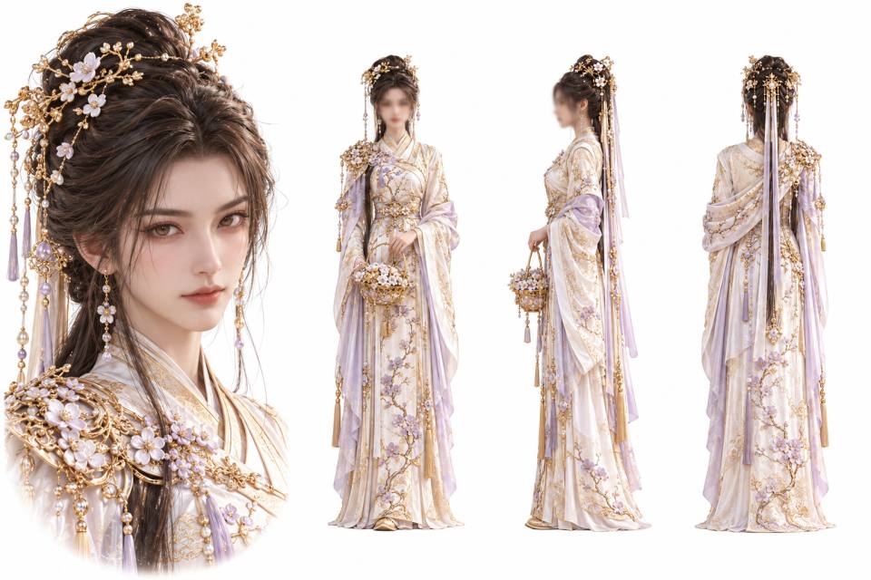 古风白金紫藤花嫁汉服女子四视图设定板，古风、汉服、三视图设定板、梅花刺绣、金色头饰、仙侠、人物全身立绘、白色背景