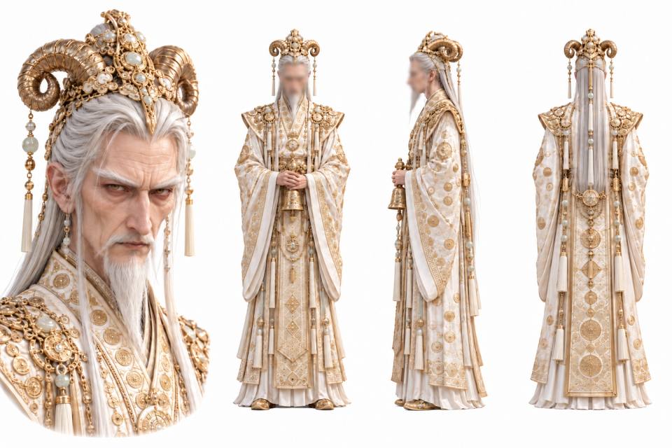 白发金冠仙尊角色三视图设定板，角色设定板、三视图、白发老者、金色羊角法冠、仙侠、3D渲染、白金配色、宽袖长袍、流苏玉饰、纯白背景