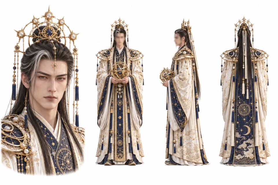 星官金冠·古风男性角色三视图设定板,中国古风、仙侠、角色设定板、三视图、男性角色、星宿刺绣、金色冠冕、浑天仪式法球、写实CG插画、白底立绘