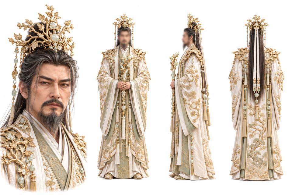 古风仙侠男性神帝角色设定板（脸部特写+正侧背三视图），男性角色、古风仙侠、三视图设定板、金色树枝华冠、汉服长袍、玉如意、灰白长须、白色背景