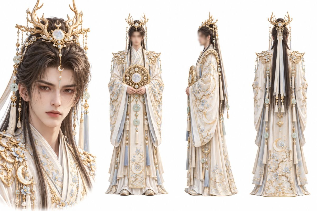 古风鹿角冠仙君男性角色三视图设定板，角色设定板、三视图、仙侠古风、鹿角冠、白色织金长袍、男性角色、游戏CG立绘、中式幻想