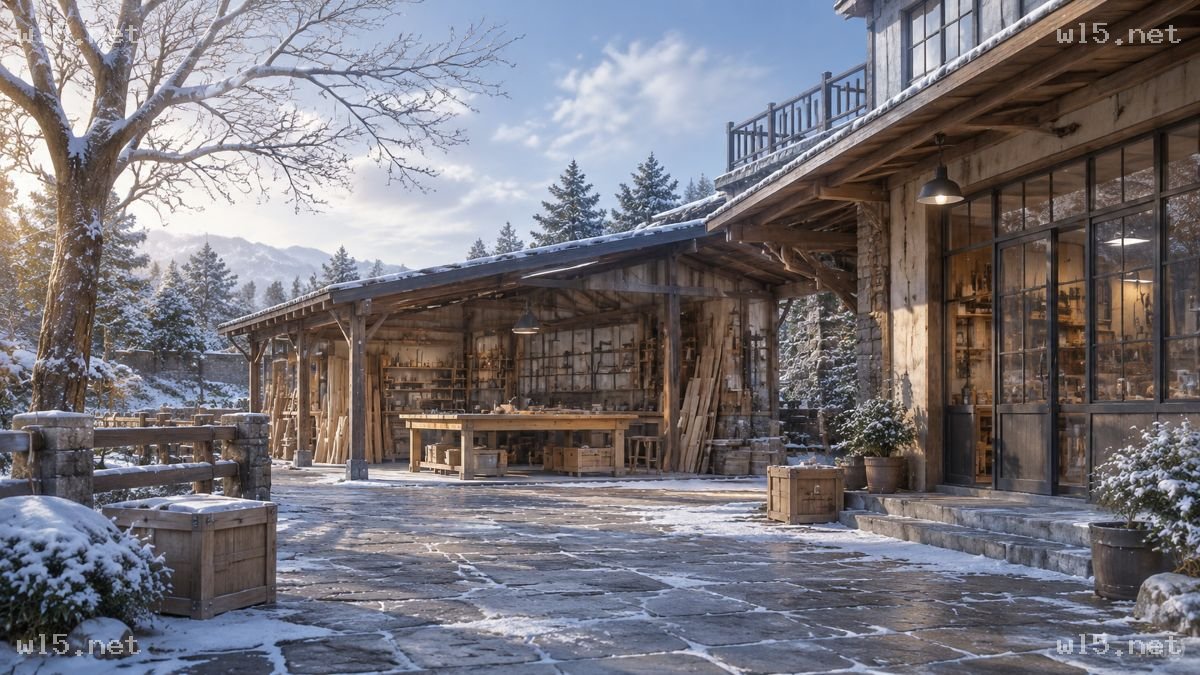 雪后乡村木工工坊庭院