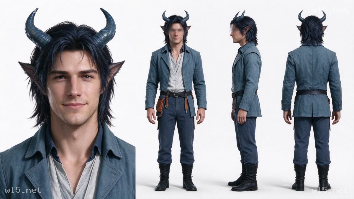 男性提夫林（Tiefling）3D角色设定图，提夫林、男性角色、3D建模、角色三视图、奇幻设定、精灵耳