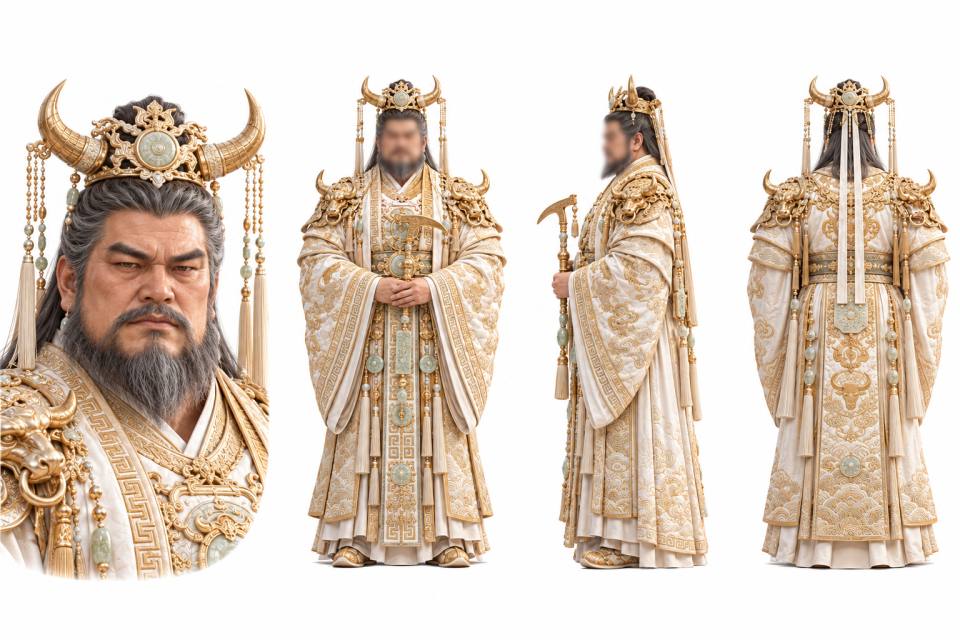 鎏金牛角冠国风帝王男性角色三视图设定板,角色设定板、三视图、国风神话、写实3D渲染、帝王礼服、牛角金冠、玉饰流苏、白底棚拍、中年男性、金色刺绣