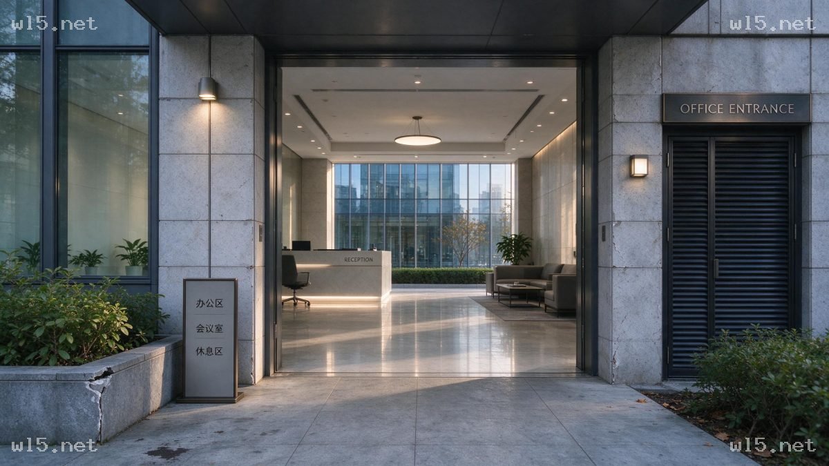 现代办公楼入口大堂入口场景,现代办公楼、大堂入口、商务办公空间、写实建筑摄影、石材幕墙、落地窗、室内外空间融合、暖光照明