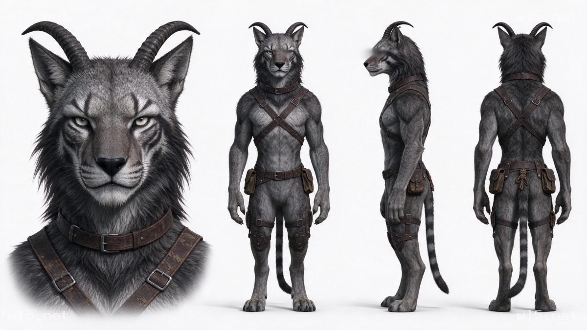 灰毛带角拟人猫科战士角色设定图，拟人奇幻生物、猫科兽人、角色三视图、皮革配饰、奇幻战士、写实3D渲染