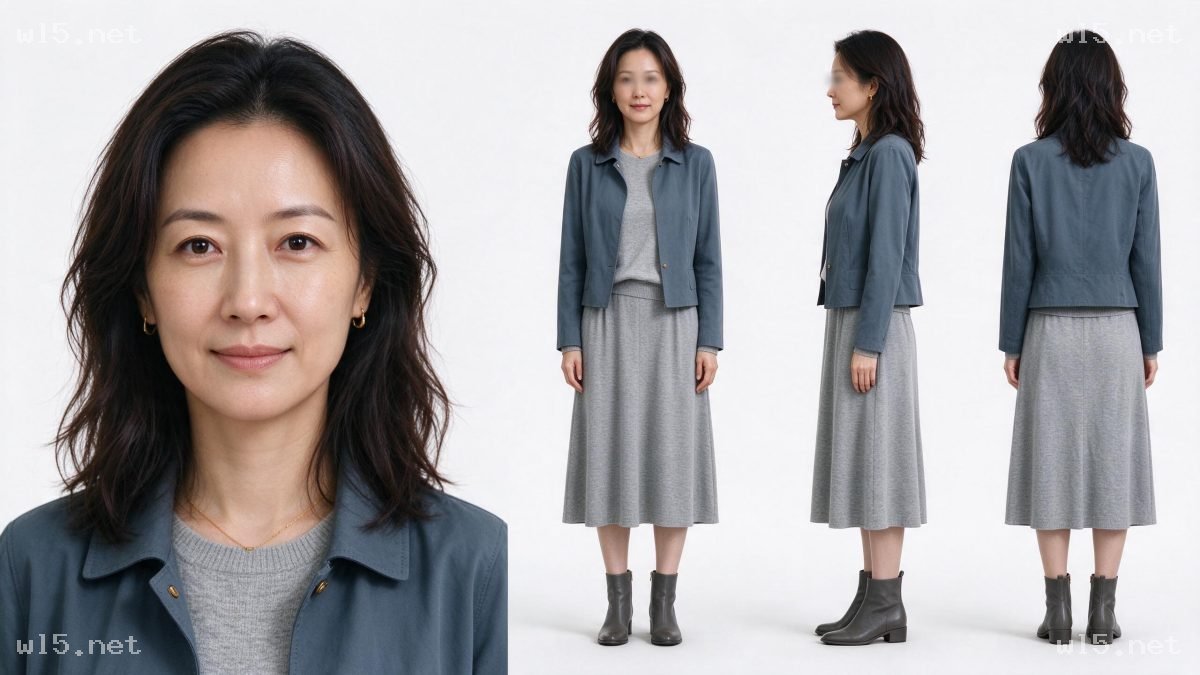 中年女性多视角形象展示，中年女性、人物三视图、简约穿搭、影棚人像、灰蓝配色