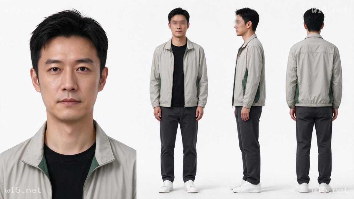 中年男性休闲穿搭四视图,人物设定、穿搭参考、休闲穿搭、男性人像、影棚拍摄、四视图