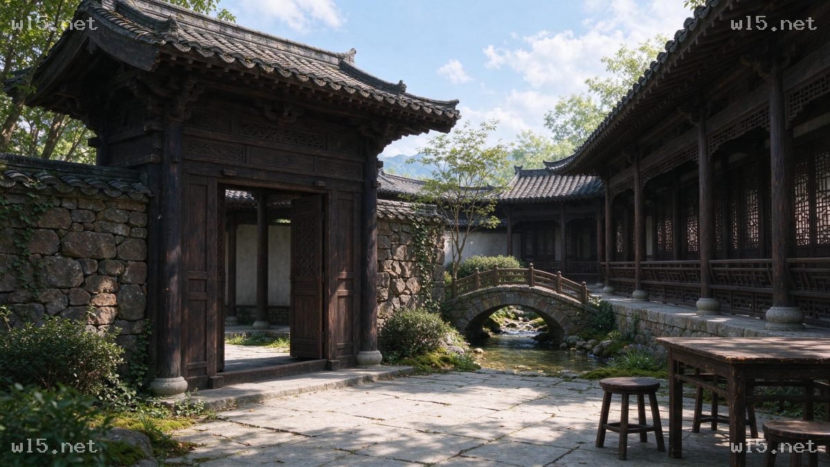 中式传统古建庭院水景场景，中式古建、传统庭院、水景庭院、实木门楼、石拱桥