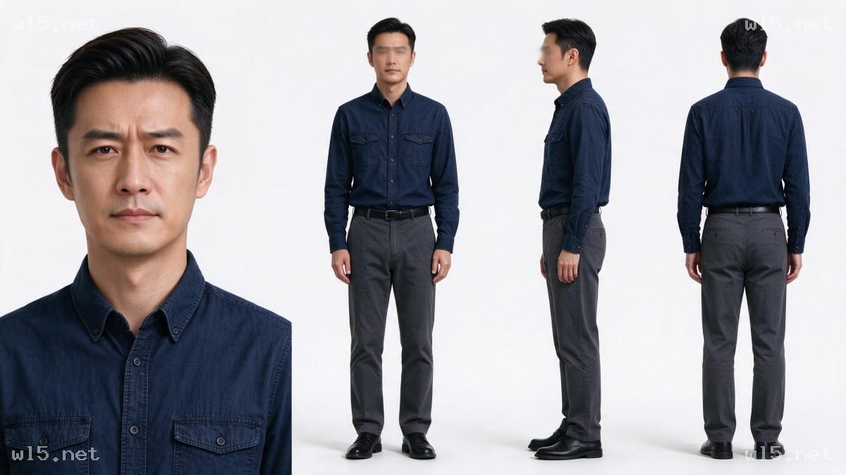 东亚商务男性多视图形象展示,男性角色、职业装、多视图设定、商务风、影棚拍摄