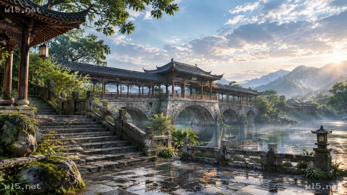 晨雾古廊桥山水景观