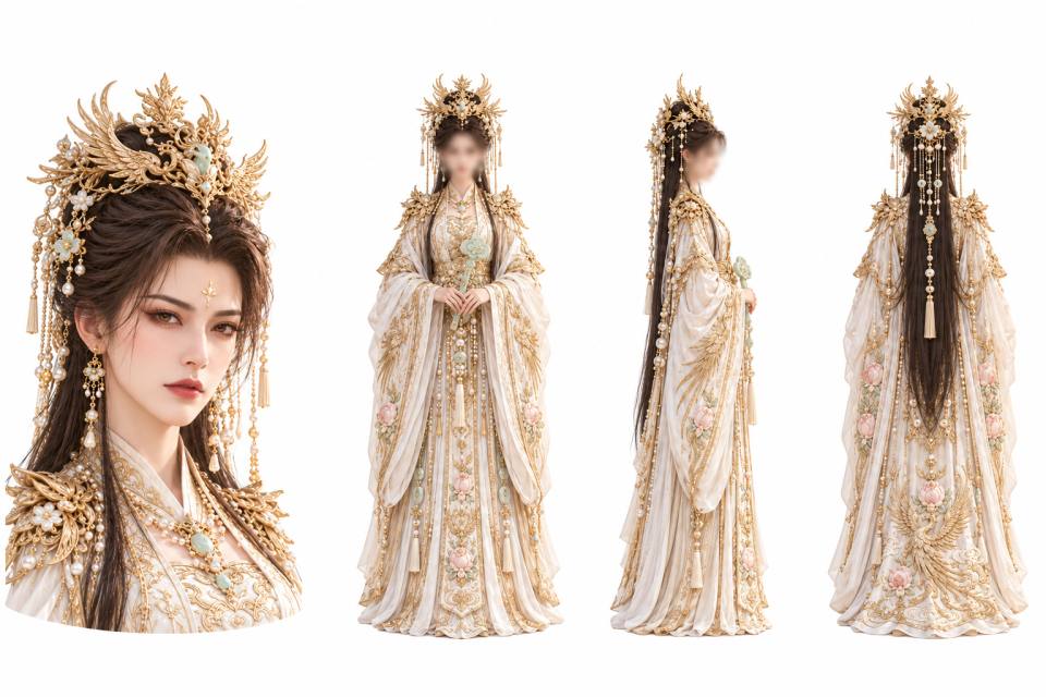 古风仙后凤冠礼服饰玉如意角色设定三视图，古风、仙侠、凤冠、汉服礼服、角色设定板、三视图、金色刺绣、珍珠流苏