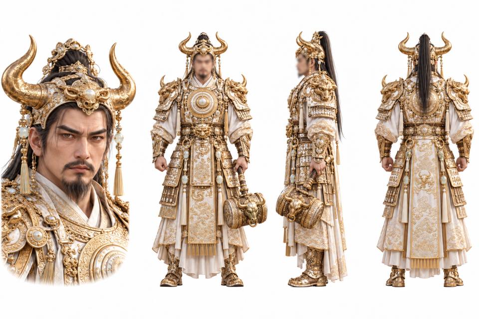 金色犀角盔甲东方武将三视图设定板，角色设定板、三视图、中式神话武将、金色盔甲、牛角头盔、战锤道具、白底概念图、写实CG渲染