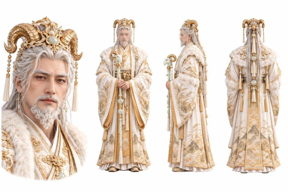 羊首金冠白发老仙翁白金长袍角色三视图设定板,古风仙侠、角色三视图、写实3D渲染、羊首金冠、白发白须老者、羊首玉杖、白金配色、白绒毛领长袍