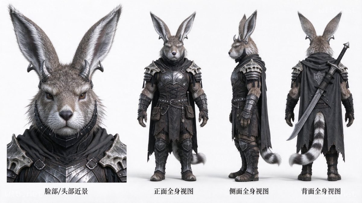 兔人战士多视图角色设定图,兔人、奇幻角色、重甲战士、角色设定、3D写实渲染、多视图设定、暗黑奇幻