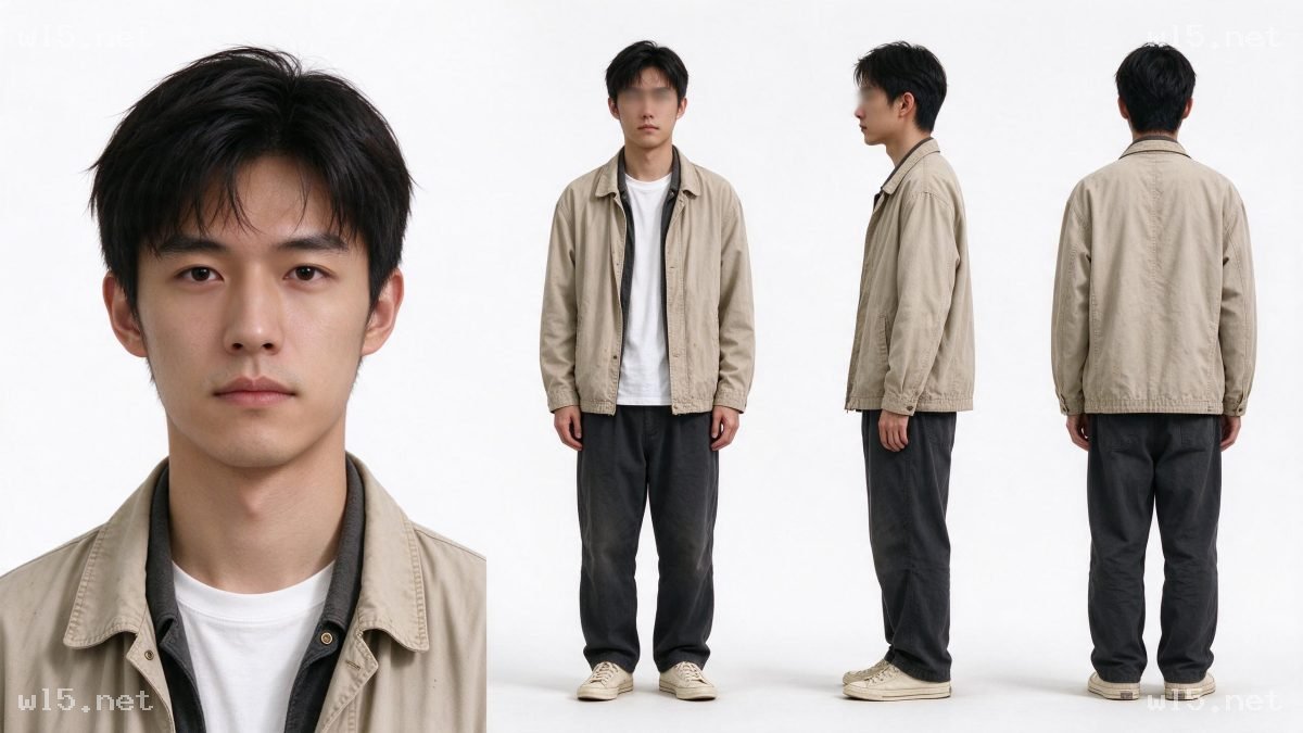 素色棚拍青年男性多视角展示组图，棚拍、人物设定、多视角展示、东亚男性、休闲穿搭、素色背景、服装展示