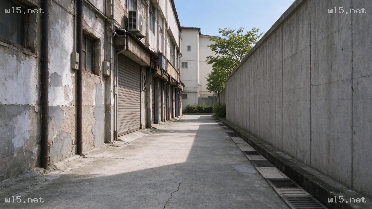 老旧厂区巷道场景图，老旧厂区、巷道、水泥围墙、斑驳建筑、晴天自然光、纵深透视、卷帘门