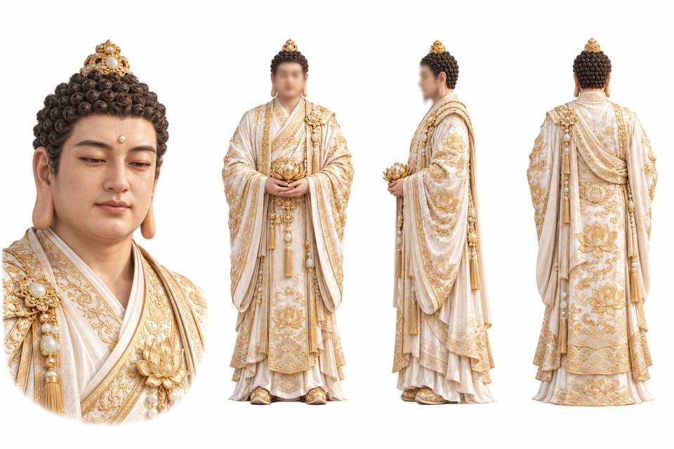 金莲佛陀白金织锦袈裟角色三视图设定板，角色设定板、三视图、佛陀、佛教人物、3D渲染、金色莲花、织金袈裟、白色背景、宗教艺术、古风男性