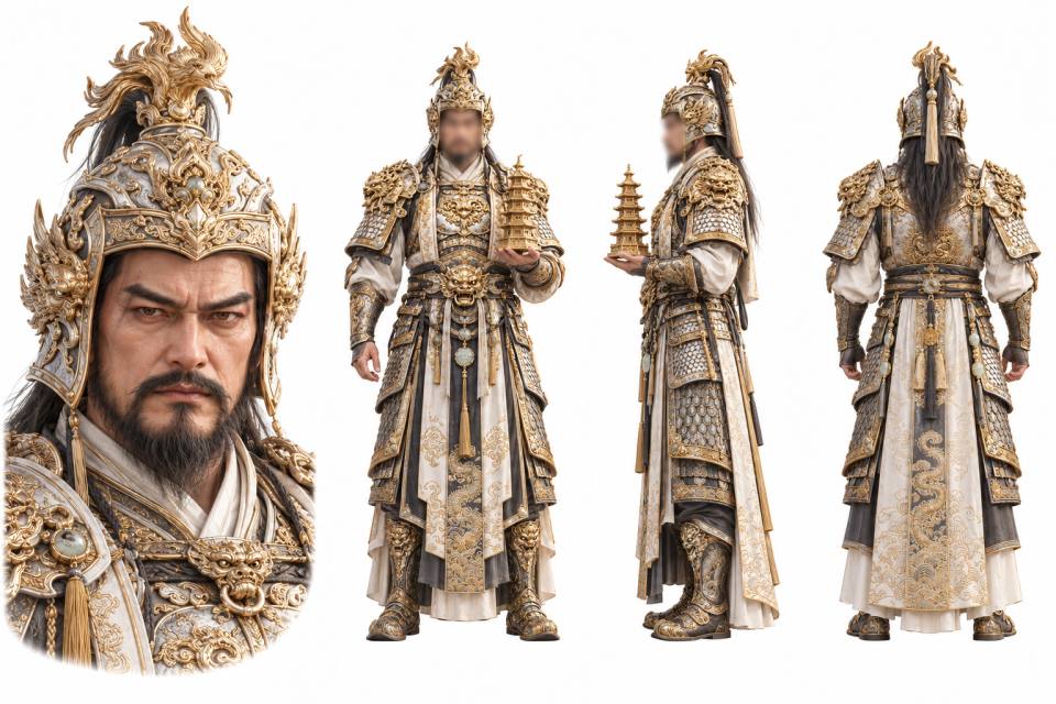白发银甲托塔神将三视图角色设定板,角色设定板、三视图正侧背、中国古代武将、银白鎏金铠甲、超写实3D渲染、金色宝塔、中年络腮胡男性、纯色背景棚拍