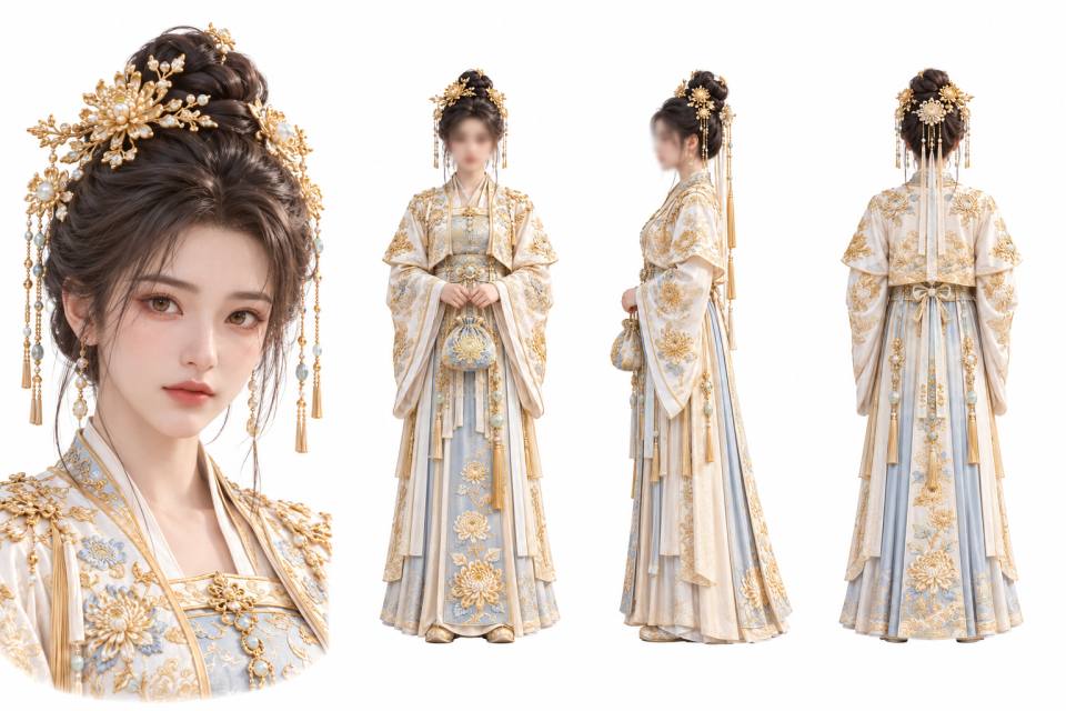 古风华服女子角色设定板：面部特写与正面、侧面、背面三视图，汉服、古风、三视图、角色设定、金色刺绣、传统礼服、步摇头饰、白色背景