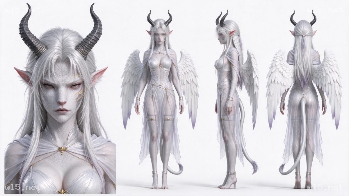 白身黑角天使型奇幻魔族女性角色多视图设定图,奇幻女性角色、天使魔族设定、多视图立绘、CG角色建模、银白羽翼、螺旋黑角、半透薄纱服饰、超写实渲染