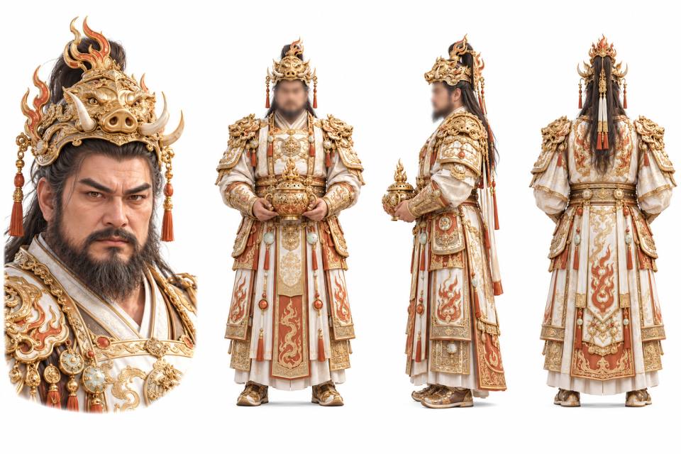 猪首金冠中国神话武将四联角色设定板,三视图设定板、中国神话武将、猪首金冠、白金橙红配色、火焰纹样、写实CG渲染、游戏角色概念设计