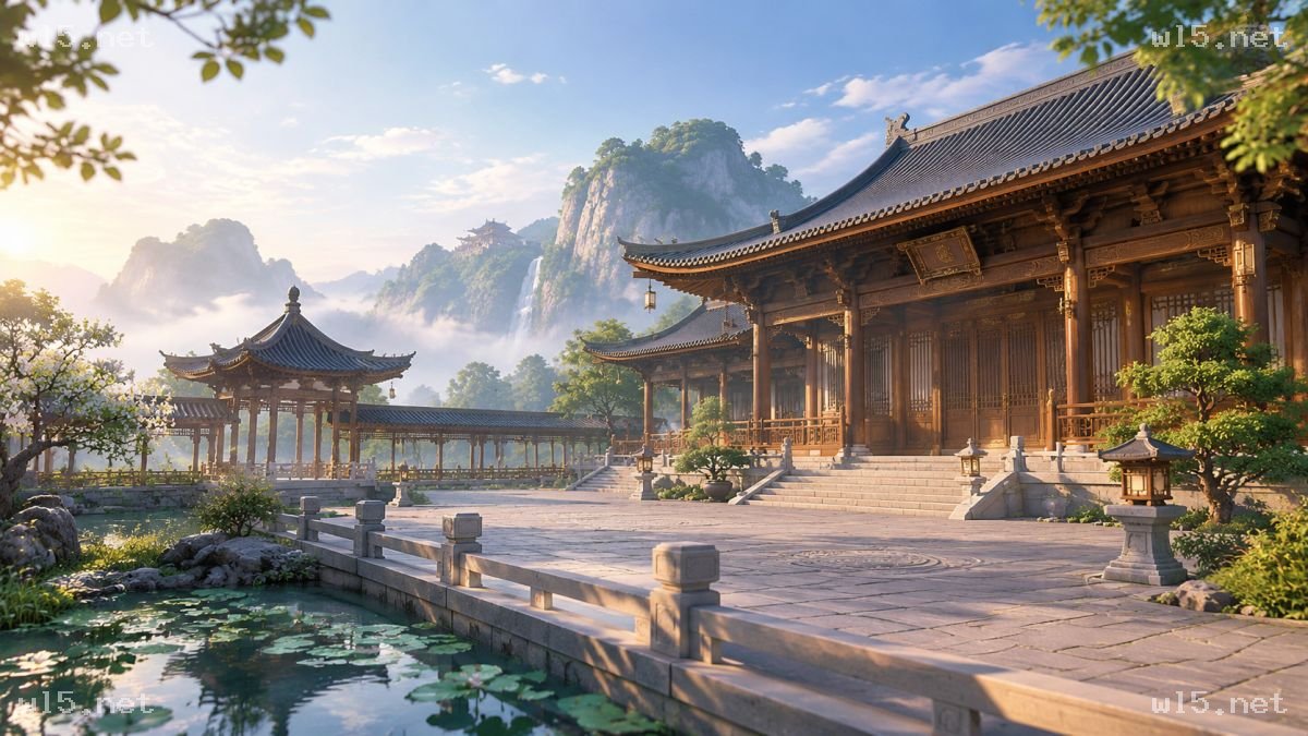 晨光中的中式古典建筑群与山水瀑布