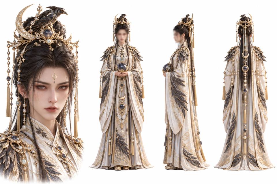 鎏金月冠鸦鸟仙后古风女性角色三视图设定板,古风、仙侠、角色设定三视图、脸部特写、鎏金月牙凤冠、鸦鸟头饰、珍珠流苏、羽翼刺绣华服、双手捧宝珠、白底概念立绘