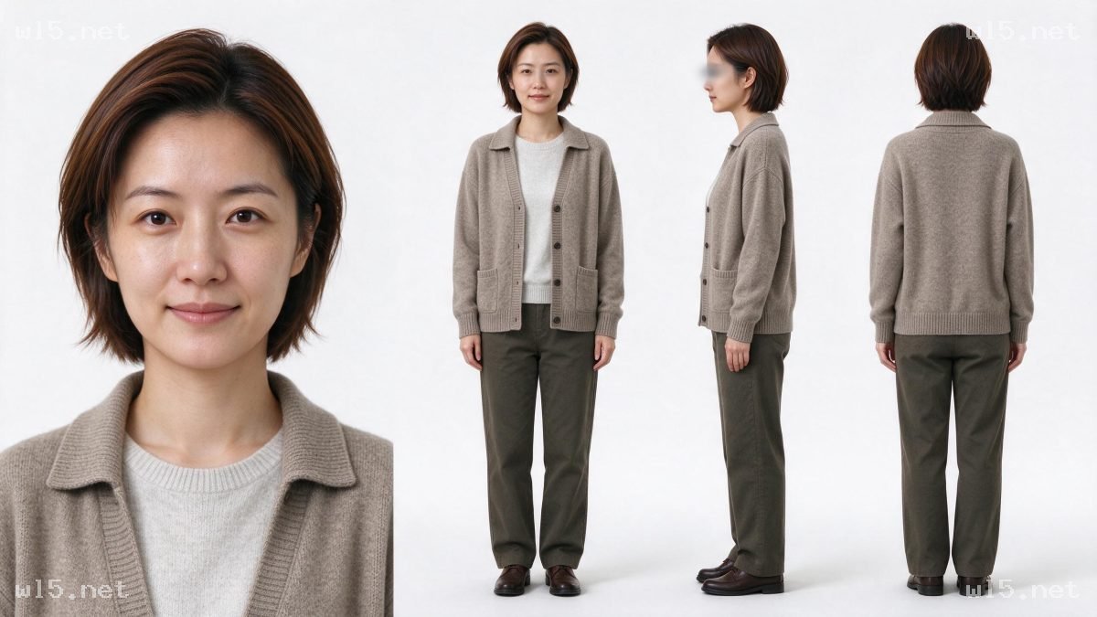 东亚短发女性写实全身三视图，三视图、东亚女性、短发、休闲穿搭、影棚人像、写实摄影、日常穿搭