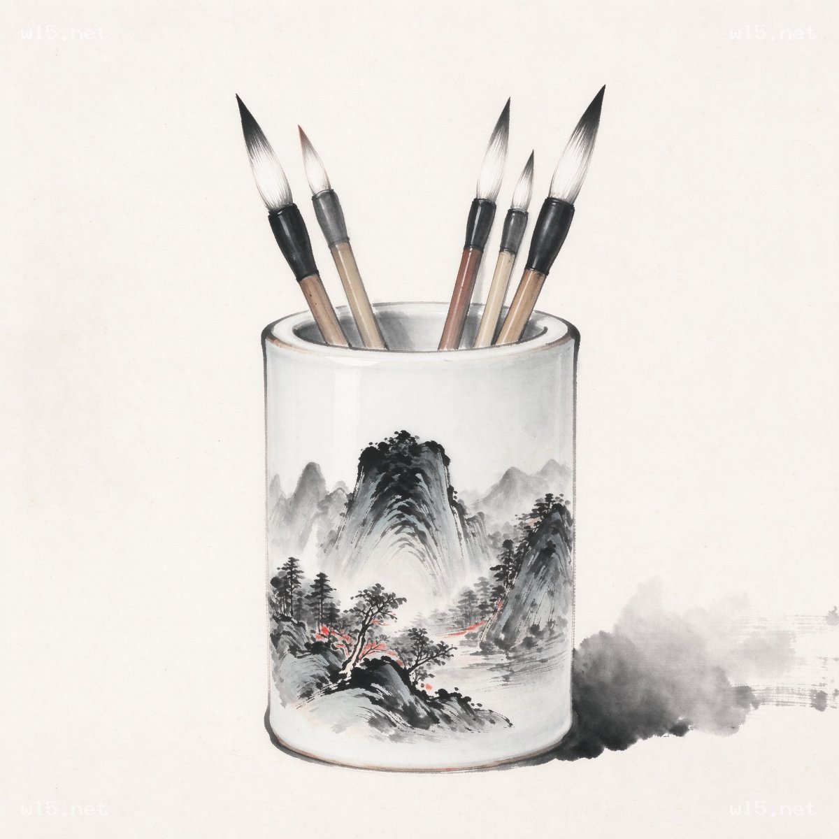 中式水墨陶瓷笔筒与毛笔静物画，中式文房器物、瓷制笔筒、传统毛笔、水墨山水图案、宣纸质感、国风静物画