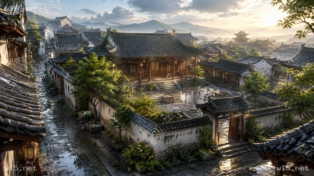 晨光中的中式古建庭院