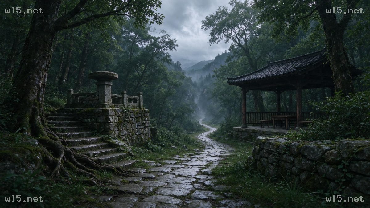 雨雾深山古亭与石径,深山、雨雾、古亭、石板古道、中式建筑、山林、青苔、清幽场景