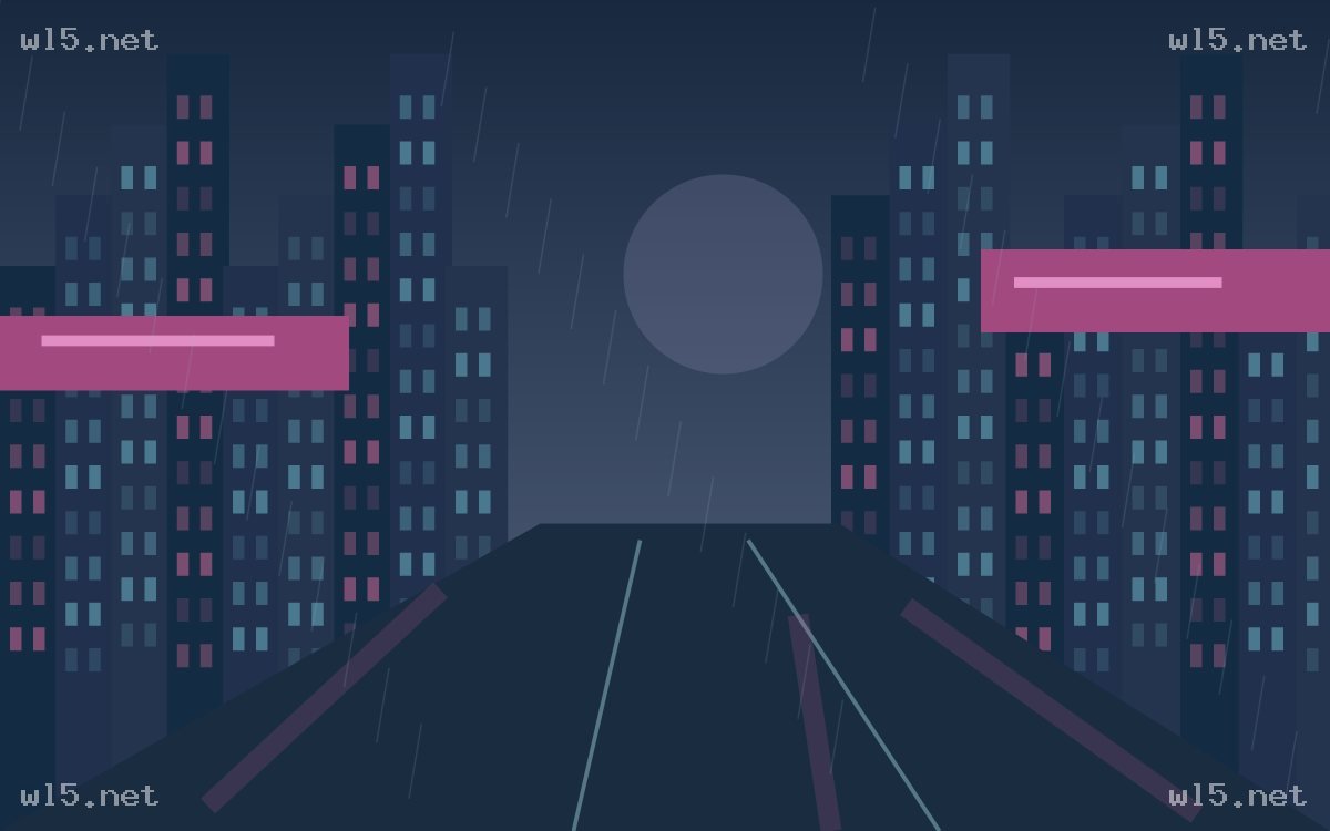 扁平矢量雨夜城市道路,rainy night、city road、high-rise buildings、full moon、flat illustration、cyberpunk color palette、empty road