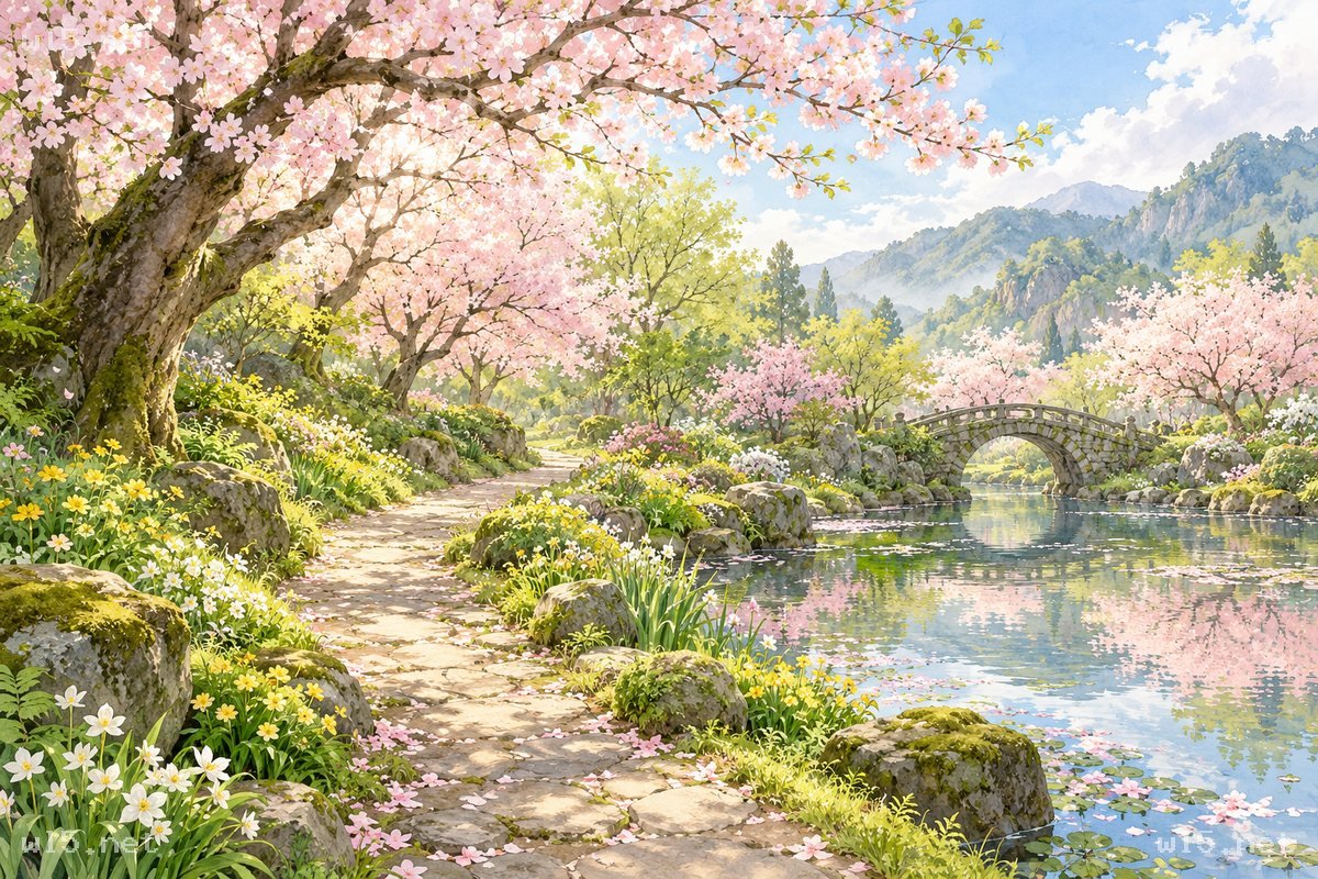 春日樱花郊野水畔风景，春日风景、樱花、郊野湖岸、水彩插画、自然山野、石拱桥、晴日景致、植物繁茂